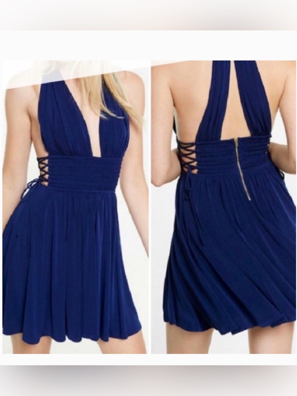 Express NWT Navy blue Deep V Neck Mini plunge Dress Sleeveless Smocked Waist M/M